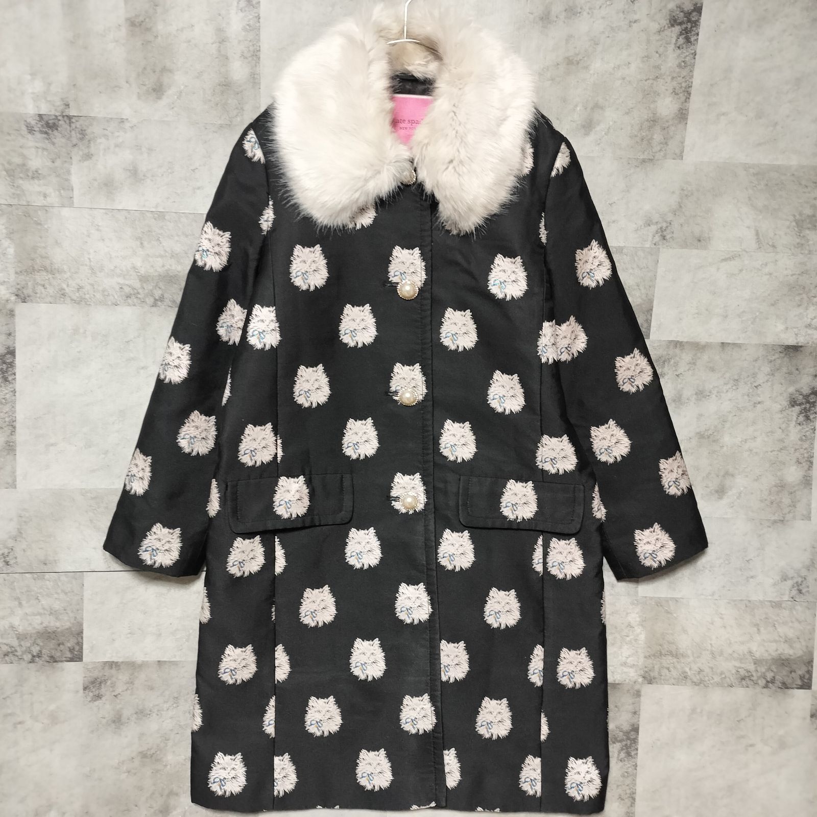 ケイトスペード キャット柄エコファー襟コート ケイトスペード キャット柄エコファー襟コート P）新品kate spade