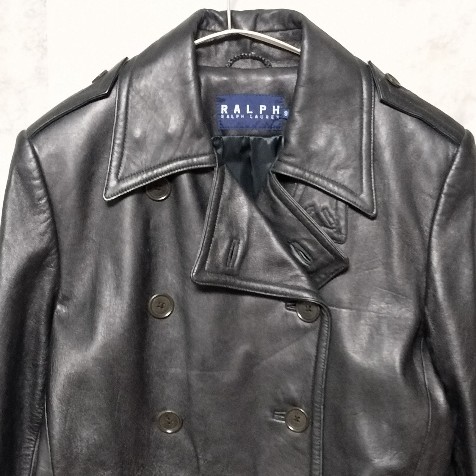美品】RALPH LAUREN ダブルブレスト レザーコート 9号 ブラック 黒色