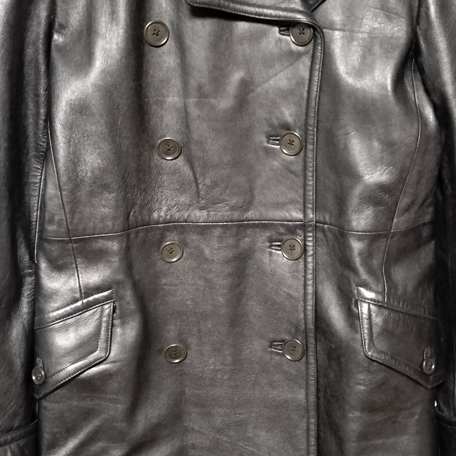 美品】RALPH LAUREN ダブルブレスト レザーコート 9号 ブラック 黒色