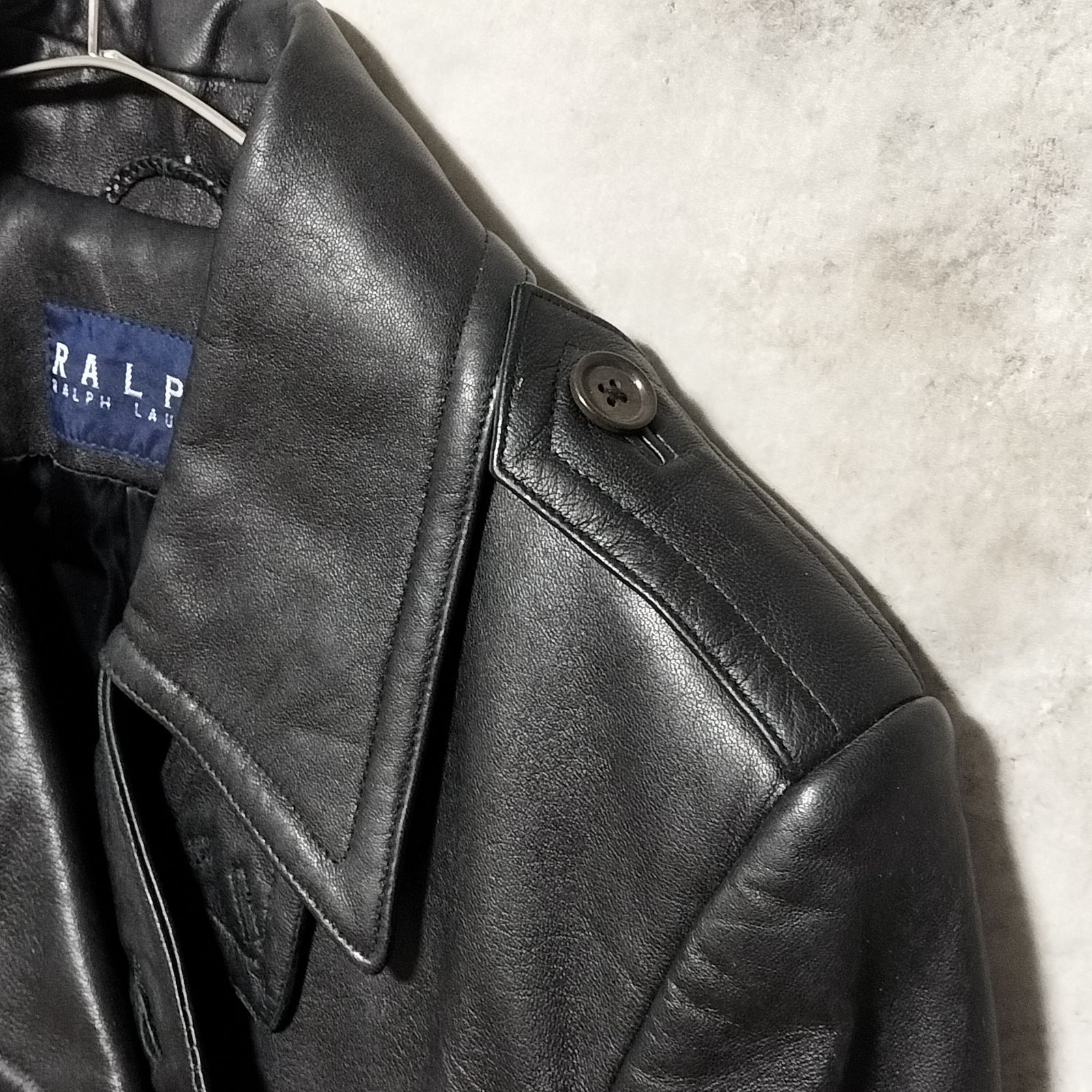 美品】RALPH LAUREN ダブルブレスト レザーコート 9号 ブラック 黒色