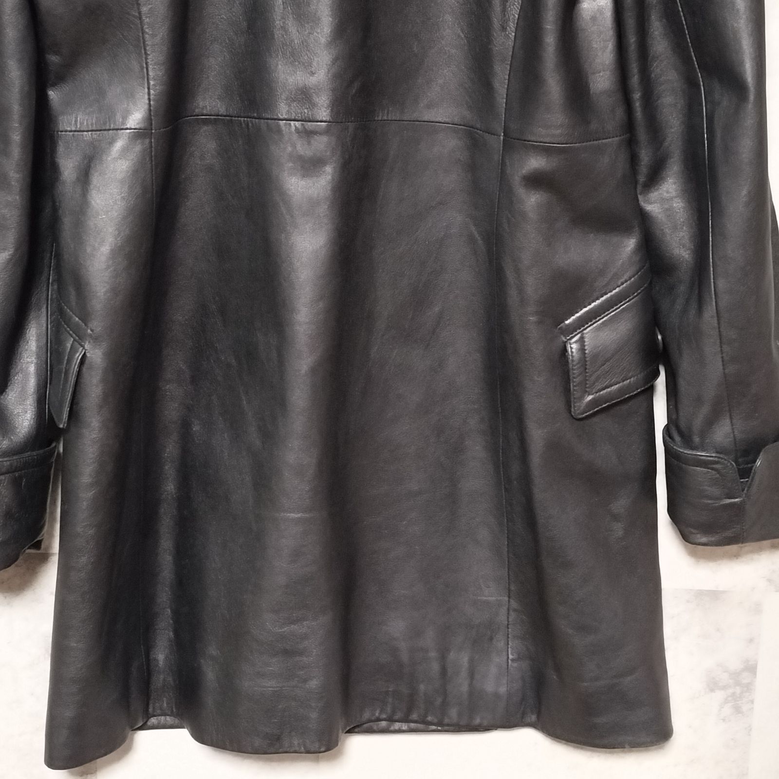 美品】RALPH LAUREN ダブルブレスト レザーコート 9号 ブラック 黒色
