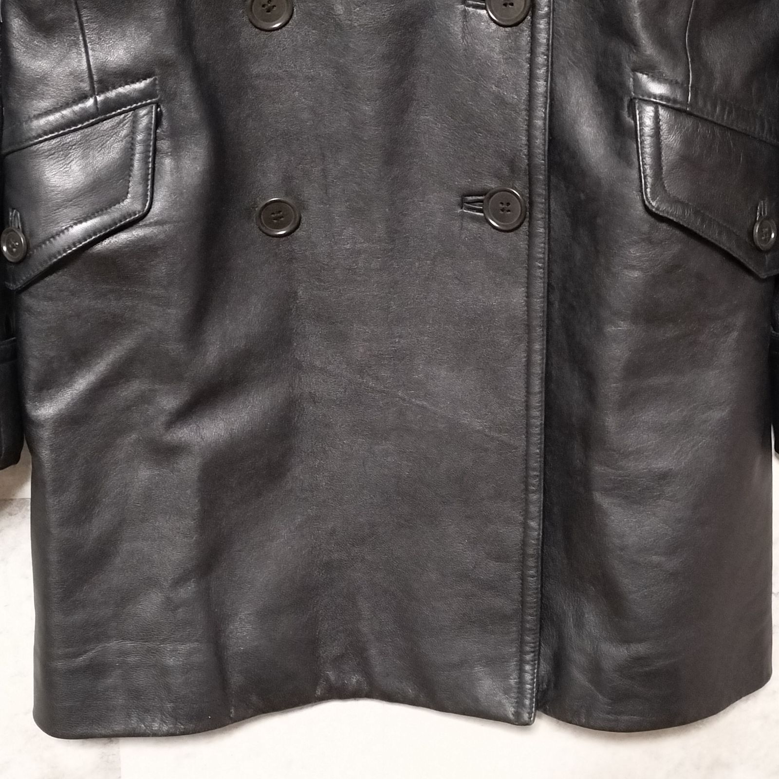 美品】RALPH LAUREN ダブルブレスト レザーコート 9号 ブラック 黒色