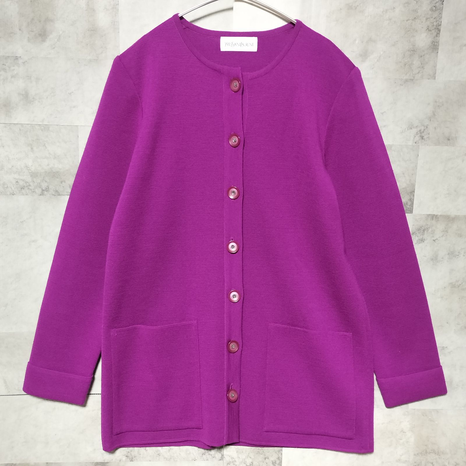 14822✨イヴサンローラン 金ボタン 花柄 マルチカラー ウール カーディガン 美品】Yves Saint Laurent YSL ヴィンテージ ウール カーディガン М