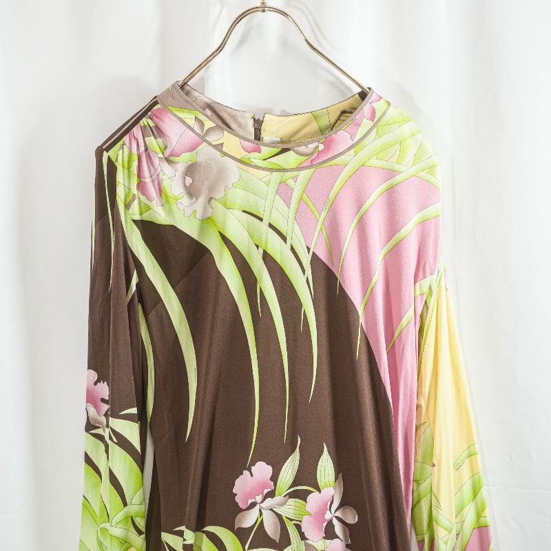 レオナール LEONARD 花柄 フラワー 長袖 ロングワンピース 44 シルク