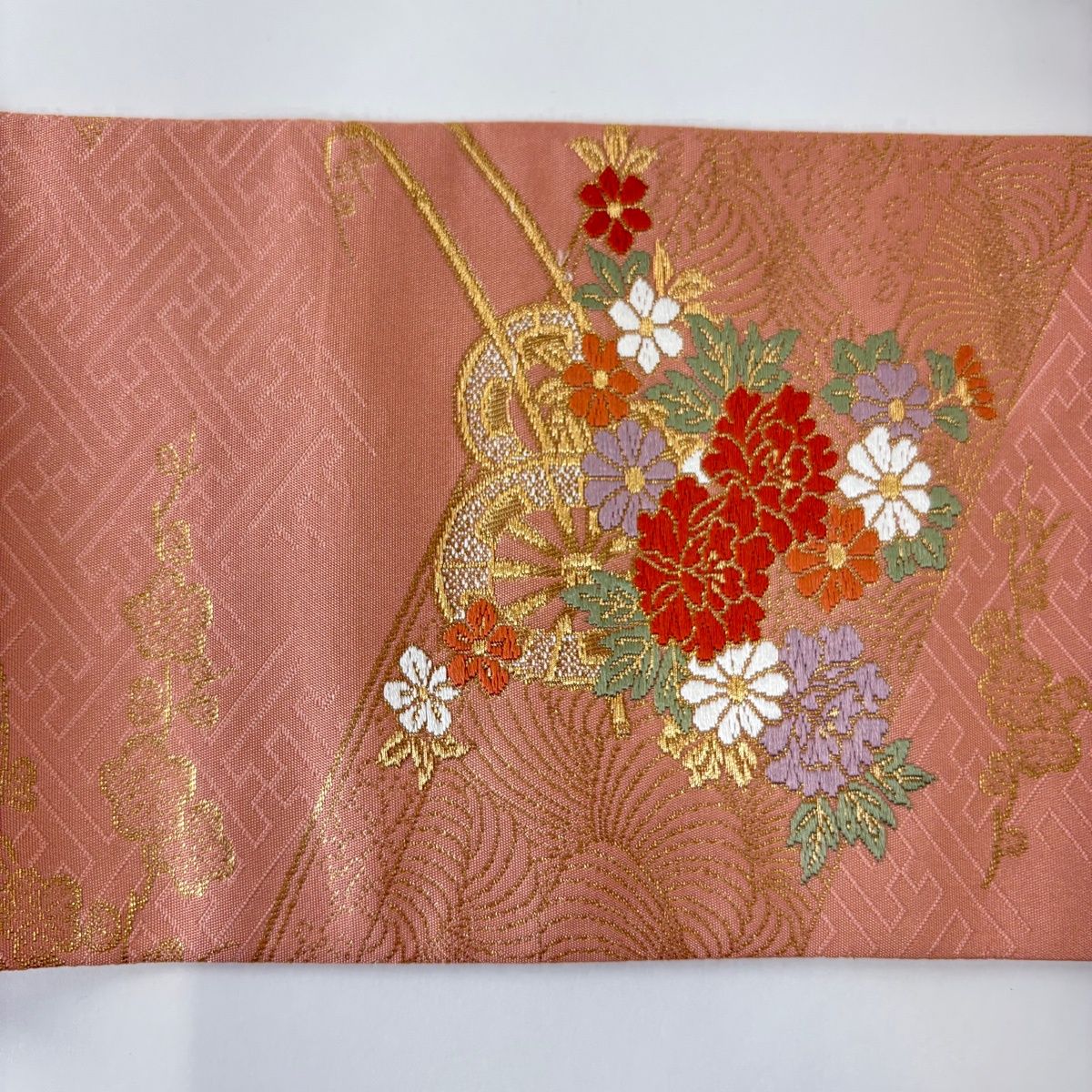 超豪華日本刺繍☆塩瀬の名古屋帯 サーモンピンク薄オレンジ系 602edfc57babfc54f4e4a8713d9fb8
