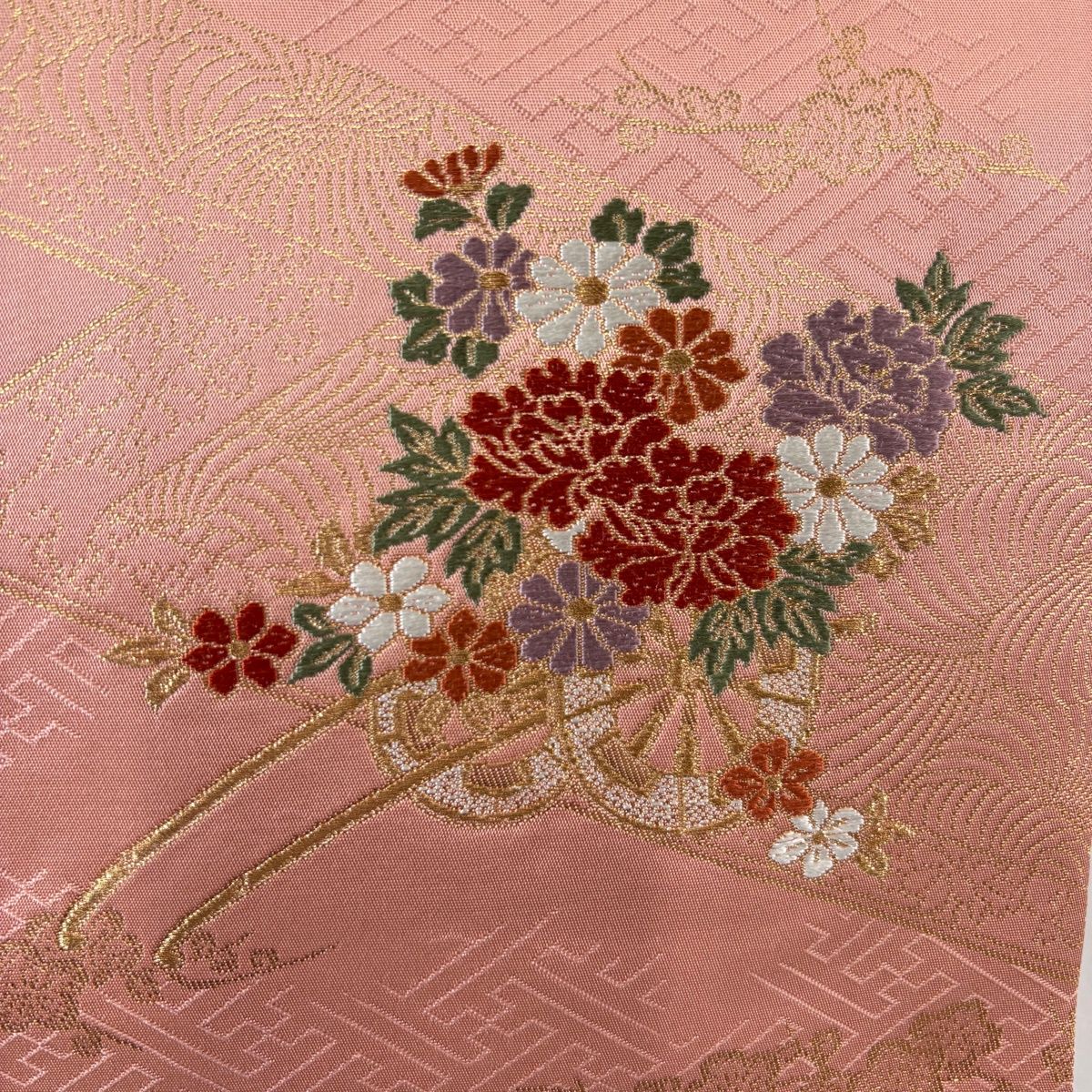 美品】 名古屋帯 優品 花車 梅 刺繍 箔 サーモンピンク 正絹 【中古