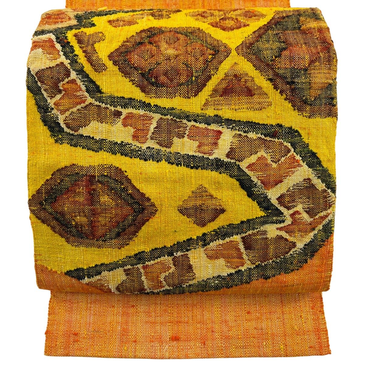 名古屋帯 優品 渡文 紬地 八寸名古屋帯 松葉仕立て 花菱 幾何学模様