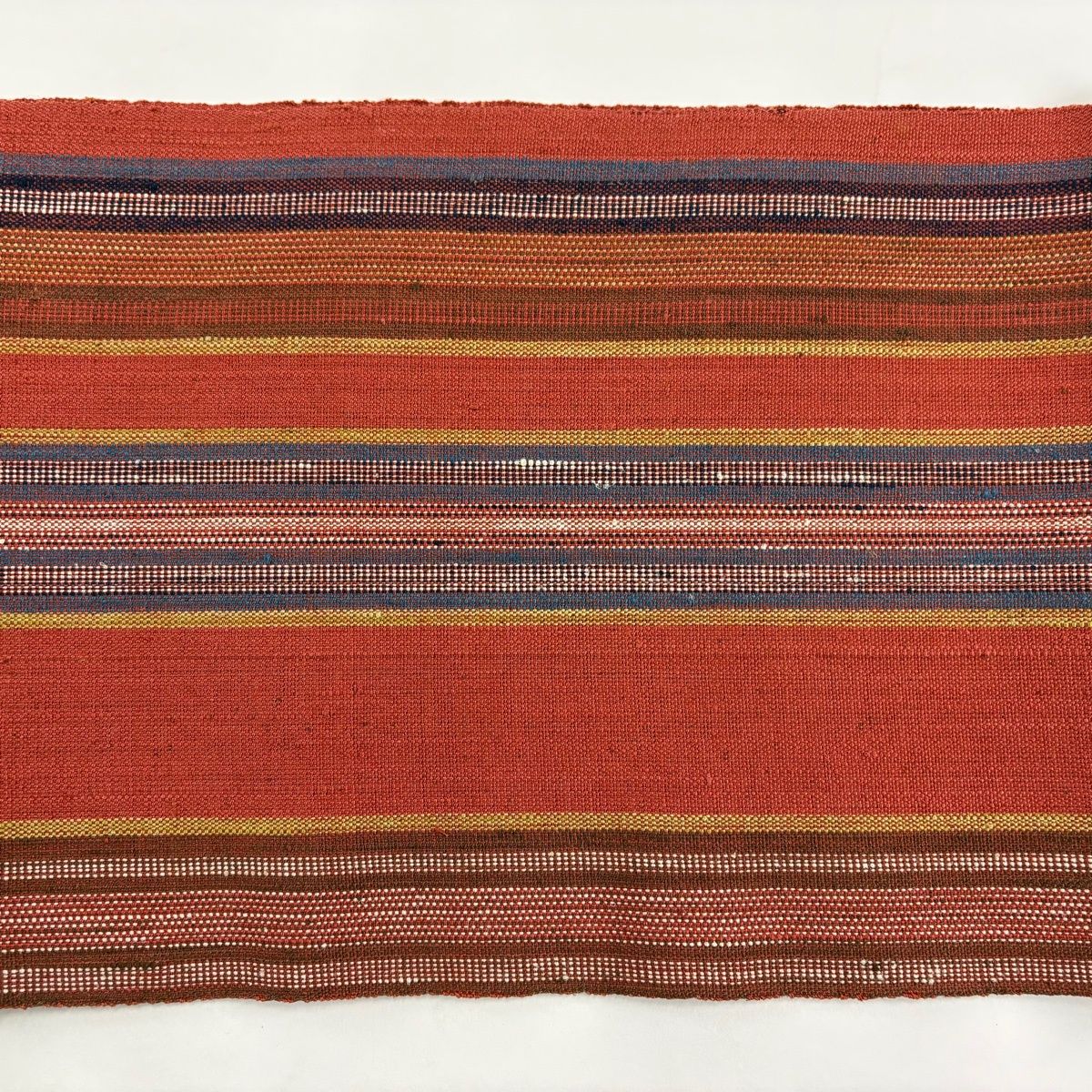 美品】 名古屋帯 優品 八寸名古屋帯 トンネル仕立て 縞 茜色 正絹