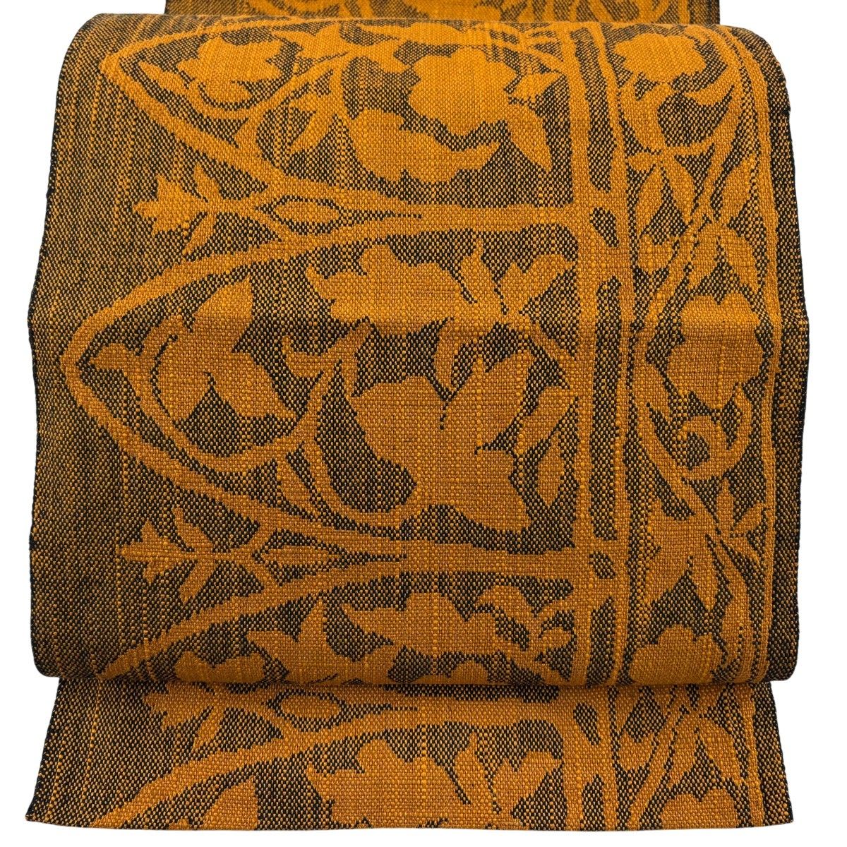 美品】 名古屋帯 優品 八寸名古屋帯 松葉仕立て 縞 草花 山吹茶色 正絹