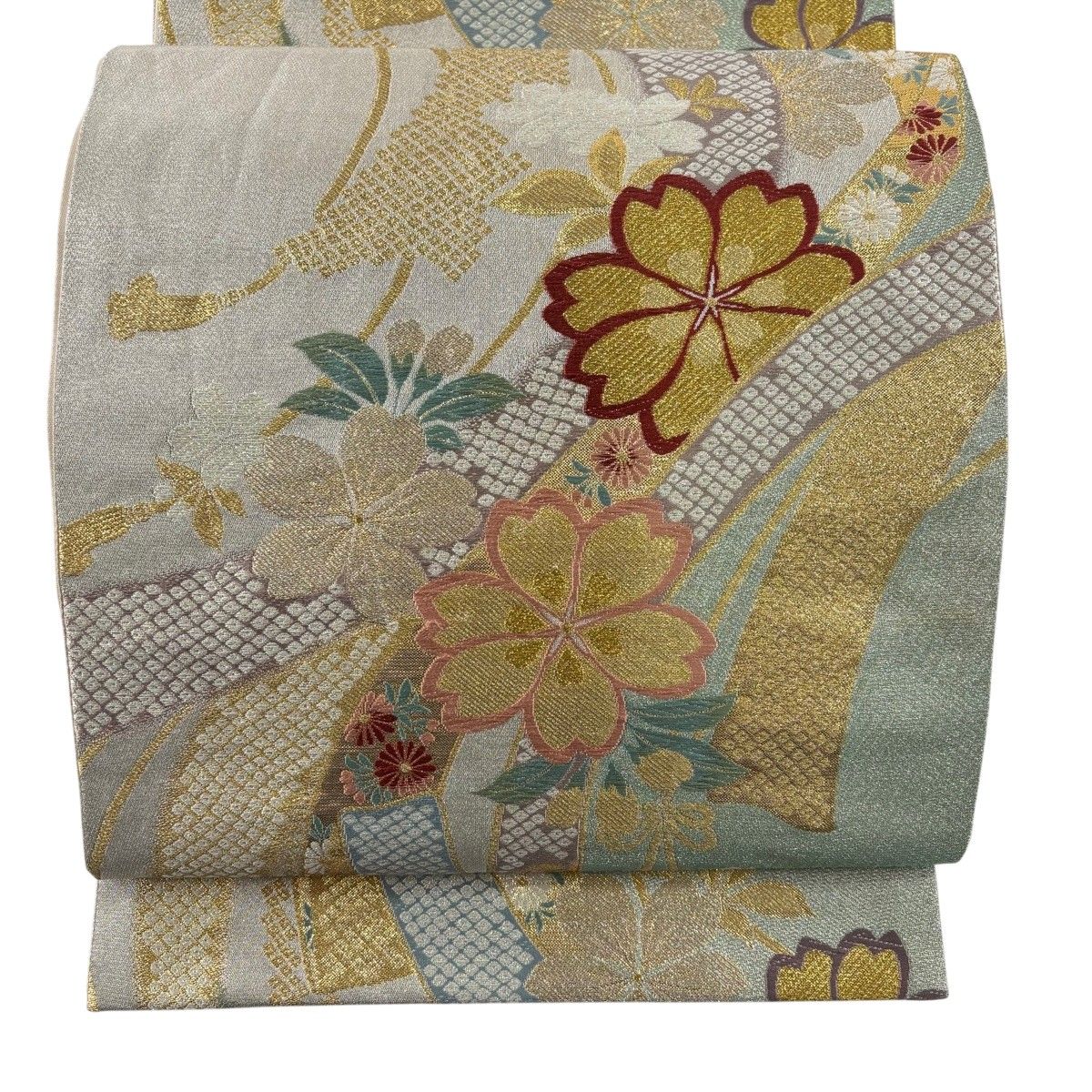 美品】 袋帯 秀品 振袖向き 鈴乃屋 桜 熨斗 金銀糸 箔 薄緑 六通 正絹