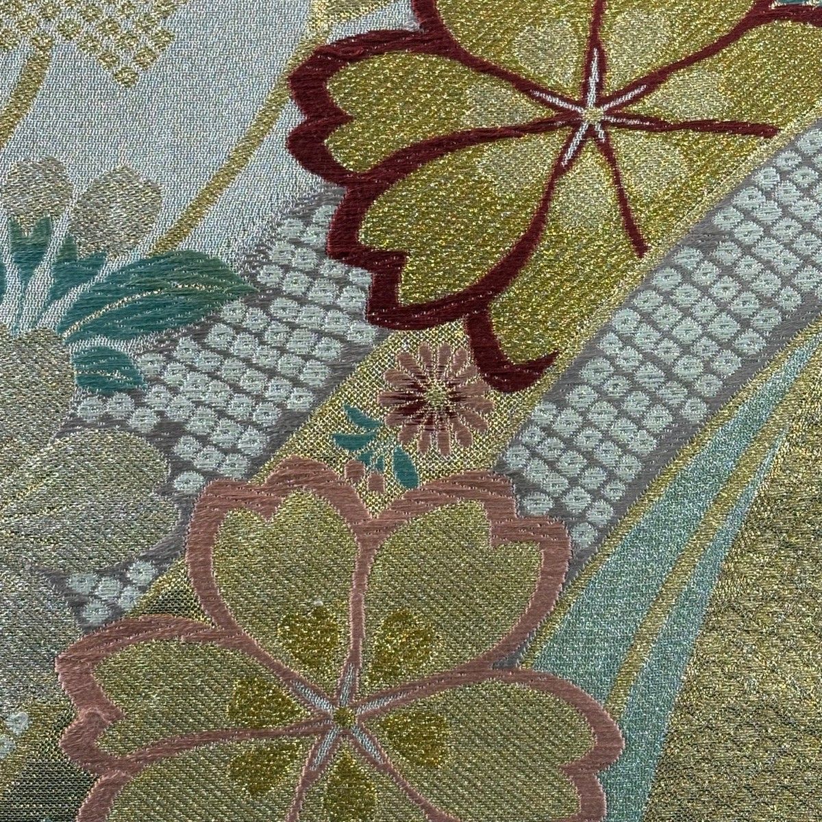 美品】 袋帯 秀品 振袖向き 鈴乃屋 桜 熨斗 金銀糸 箔 薄緑 六通 正絹