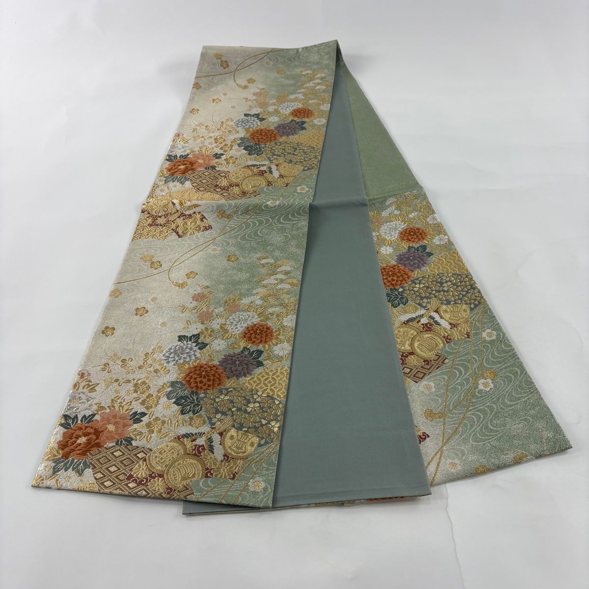 美品】 袋帯 秀品 花鳥 宝尽くし 唐織 金銀糸 薄緑 六通 正絹 【中古