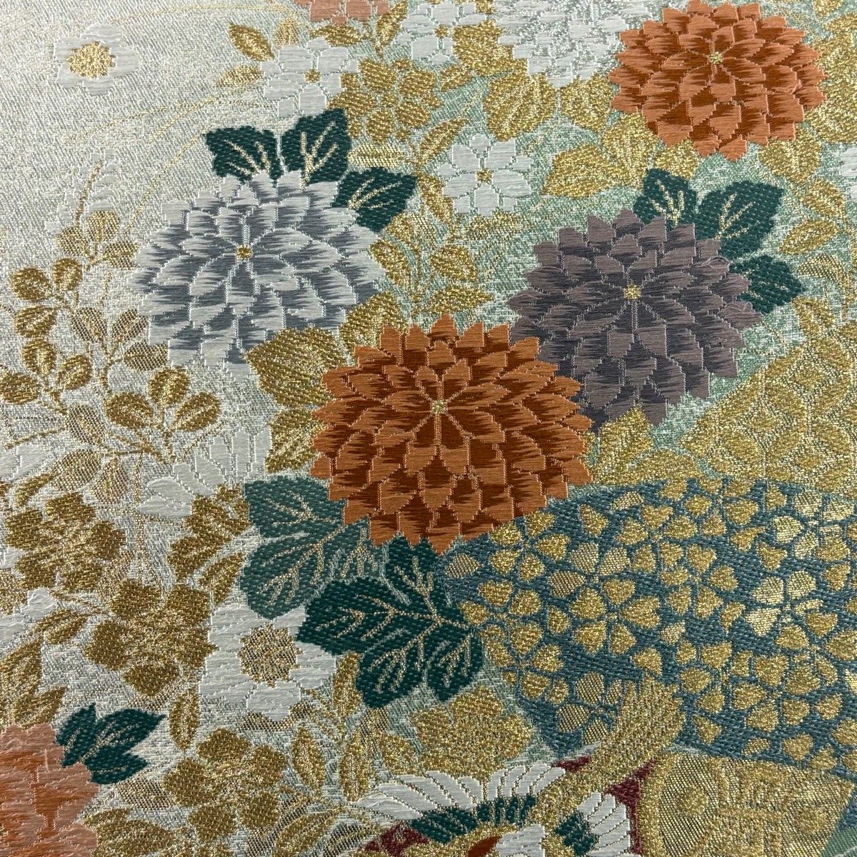 ︎◼︎C1267◼︎オーダー品 高級袋帯 正絹 花 七宝 金銀糸(〜270cm) 美品】 袋帯 秀品 花鳥 宝尽くし 唐織 金銀糸 薄緑 六通 正絹 【中古