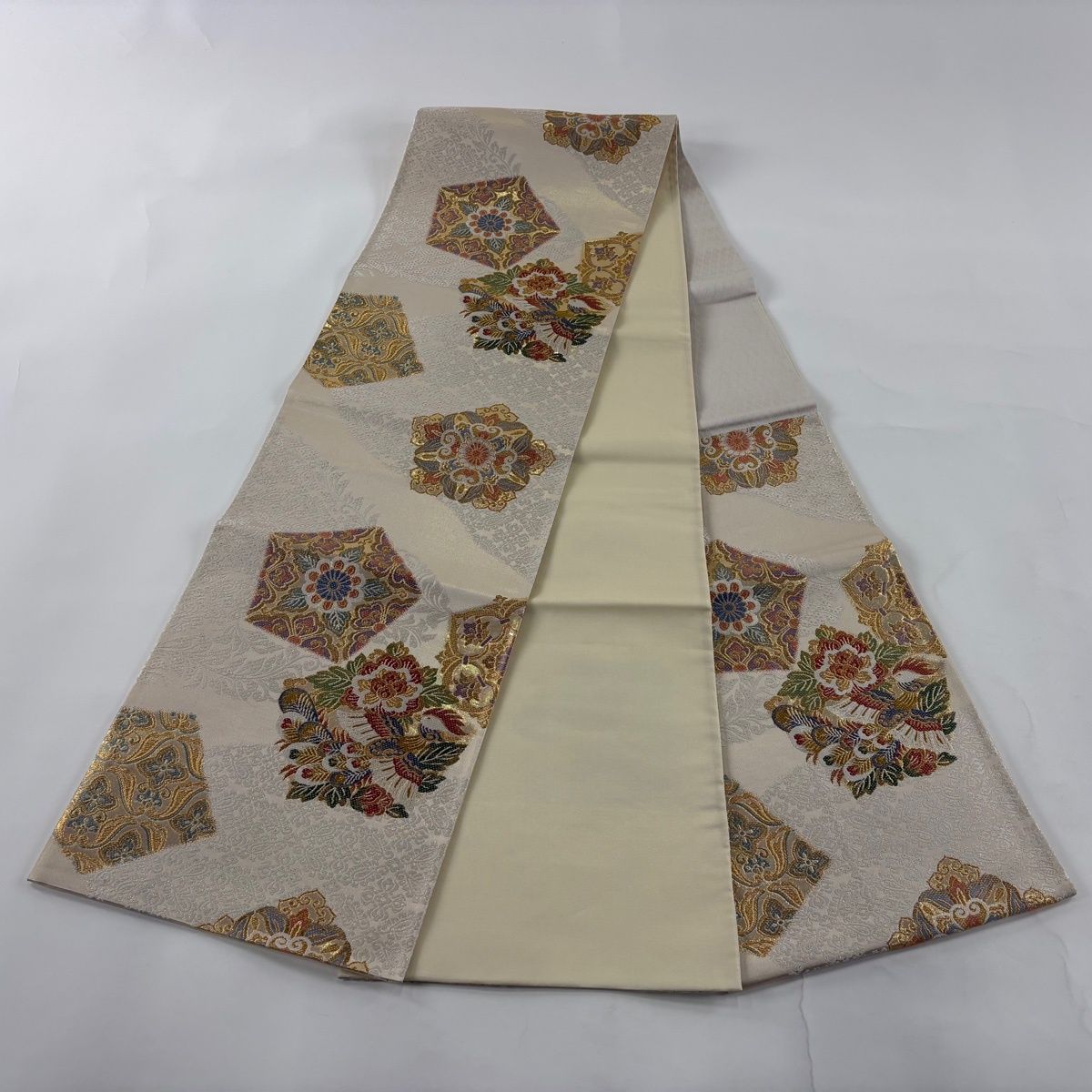 【美品】袋帯 細密織 鳳凰宝相華 金色 六通 繡宝の美 唐織り 宝相華 華紋 鳳凰 袋帯 正絹 唐花 金糸 緑 黒 507 | kimono Re