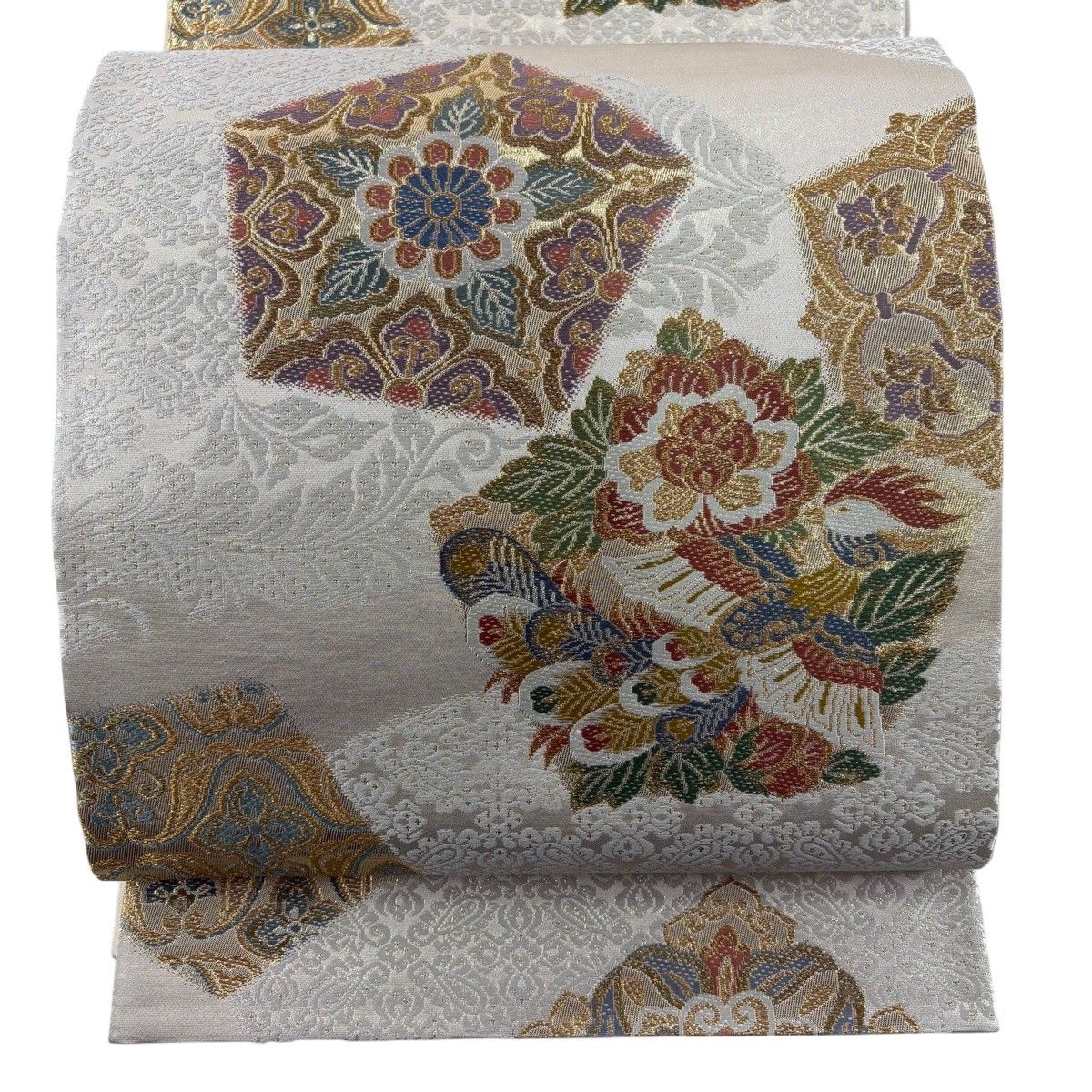 袋帯 秀品 優華錦 華文 鳳凰 金糸 箔 ベージュ 六通 正絹 【中古