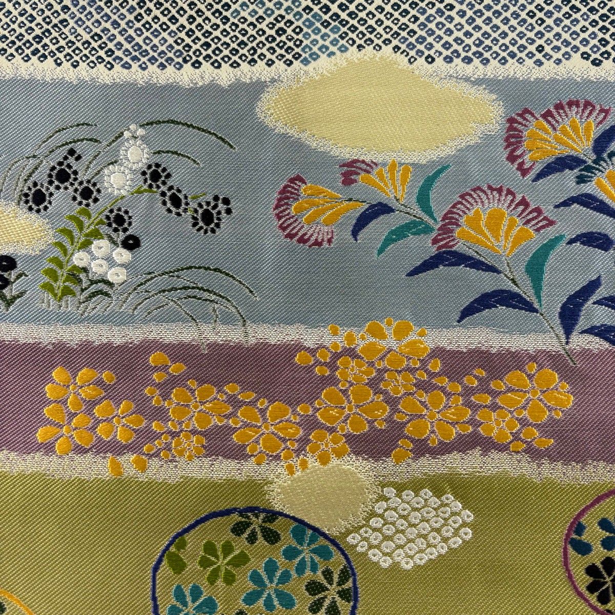 正絹 六通袋帯 【花々 青 シルバー】 袋帯 美品 袋帯 美品 秀品 六通 正絹 秀品 振袖向き 束ね