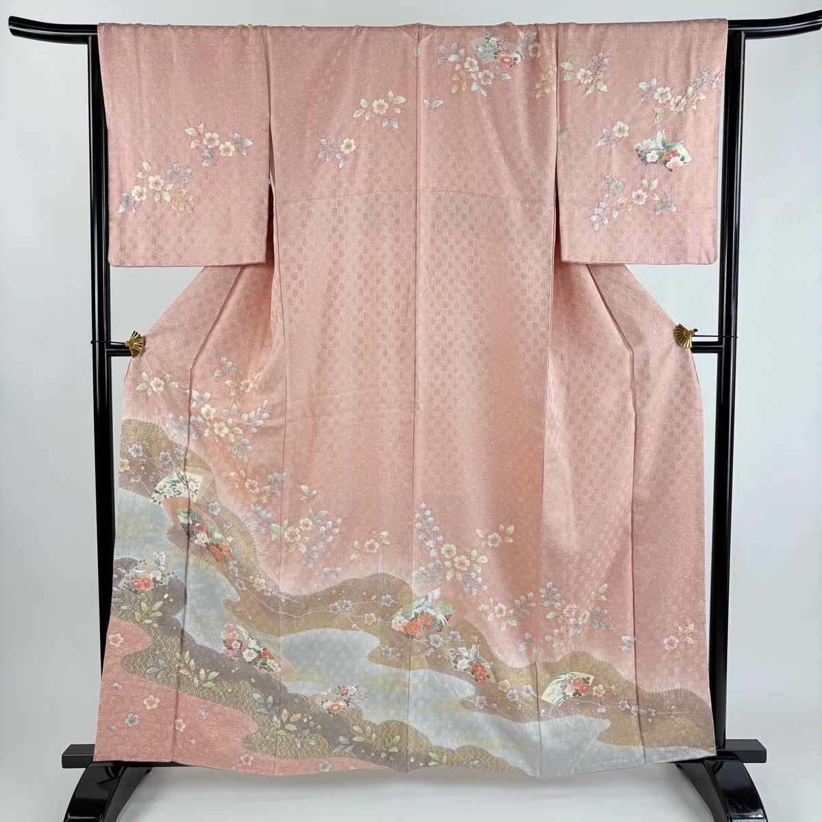 美品】 訪問着 身丈161.5cm 裄丈67cm M 袷 扇面 花鳥 絞り 金彩 ピンク