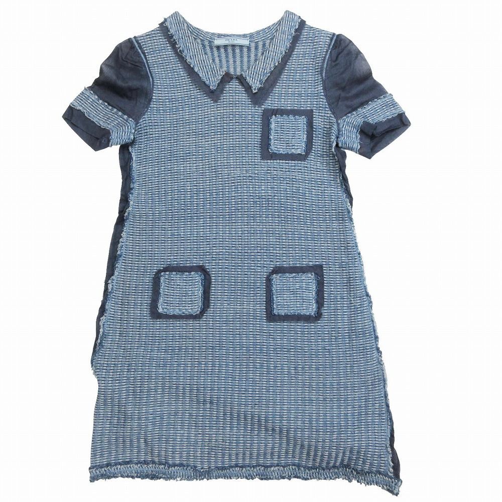PRADA プラダ 刺繍 ニット シャツ ワンピース ひざ丈 半袖 プル