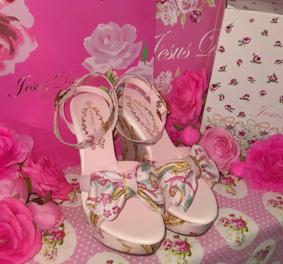 ジーザスディアマンテ 3連 薔薇 ピンク ミュール レース ジーザス