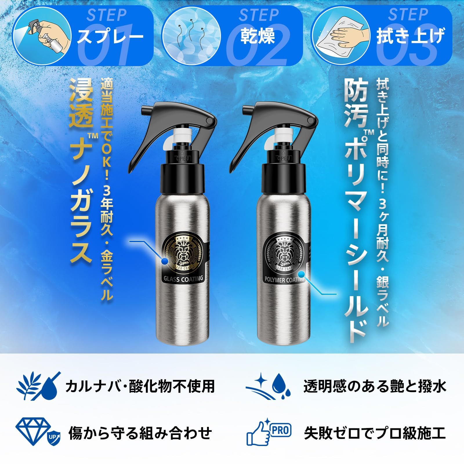 LEO COATスプレー式ガラスコーティング 日本製 【全額返金保証】 親水