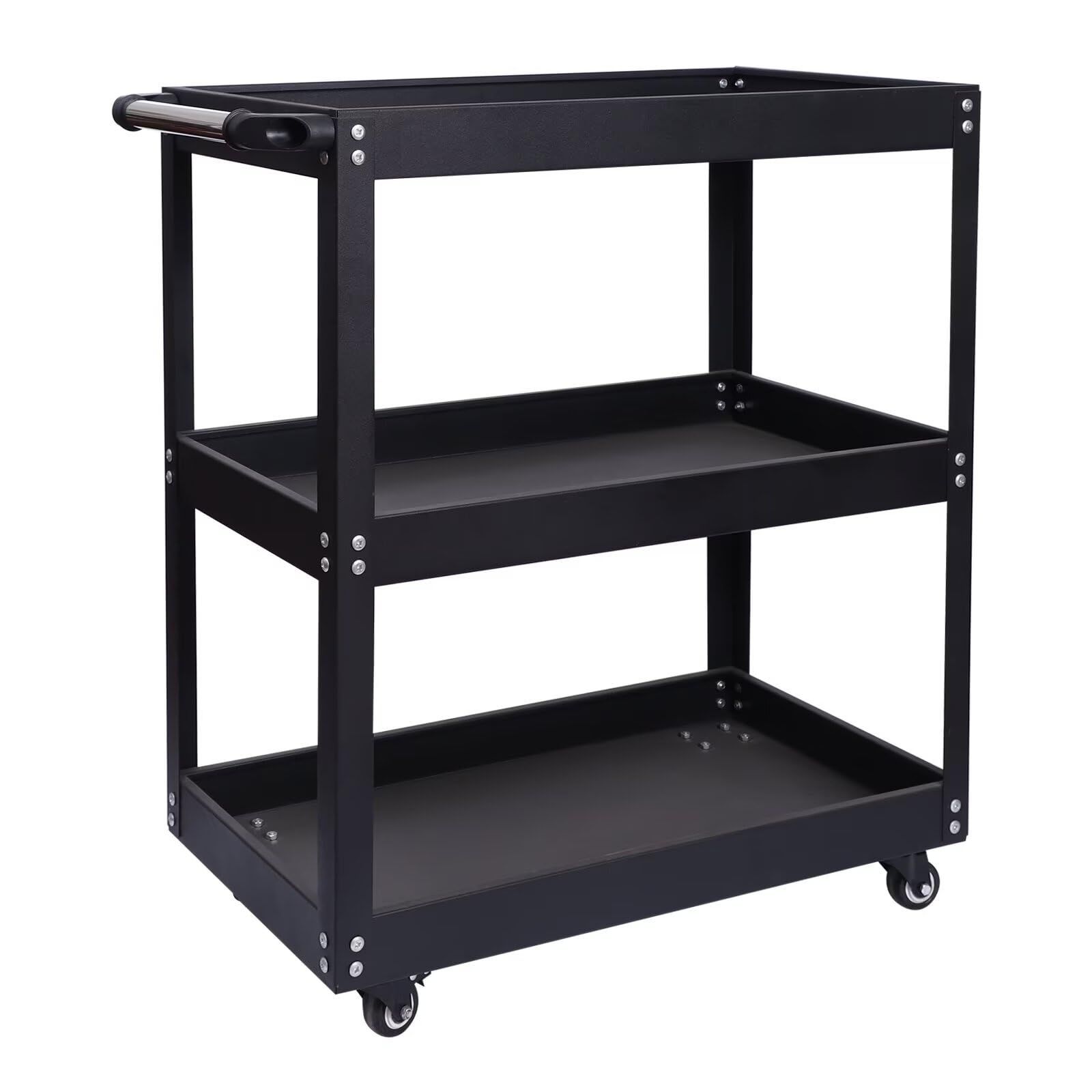 MIMIER ツールワゴン 3段 キャスター付 ブラック 耐荷重150 KG 幅65 5 CM 奥行36 高さ78 業務用 ハンドル ドライバーホール付 スチール製 工具ワゴン