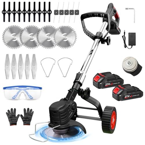草刈り機 充電式草刈機 2025革新＆超高速モーター搭載 DIKKDZ コードレス 21 V 2 6500 mAh大容量バッテリー付き 18000 rpm ナイロンカッター 伸縮＆角度調整 枝切り 植木 雑草 充電式刈払機 4種類の刃＆替刃 3段階で角