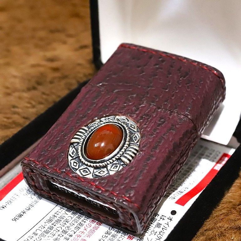 革巻きZIPPO リザード革 レッド 天然石 ジッポ 赤 革製 ZIPPO メノウ