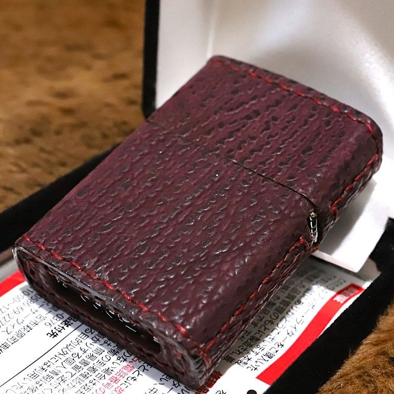 革巻きZIPPO リザード革 レッド 天然石 ジッポ 赤 革製 ZIPPO メノウ