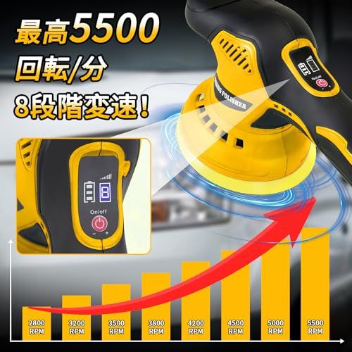 迅速に発送 2025強化版 ポリッシャー 充電式ポリッシャー 電動ポリッシャー 12 V ダブルアクション 8段階変速 125 mm コードレス 大容量バッテリ一 搭載 車 コードレスポリッシャー 研磨 ポリッシ fffeef 8 c