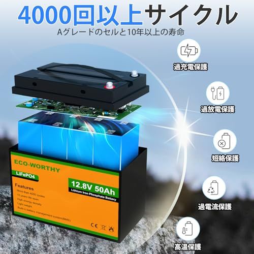 迅速に発送 ECO WORTHY 12 V 50 AH リチウムイオンバッテリー 低温運行 4000回 BMS保護 640 Wh lifepo 4バッテリー 軽量 トローリングモーター エレキモーター 防災対策 ソーラー蓄電 PSE認証取得 5 fa 04467
