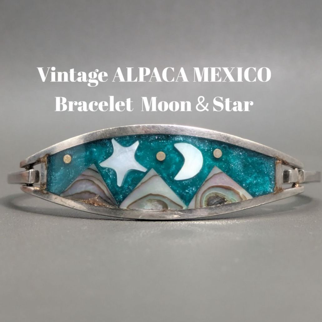 ヴィンテージ メキシカン シルバー (B090) ビンテージ アクセ バングル IDブレスレット 刻印 レア Vintage Mexican Silver  925 Bracelet メキシコ 925 シルバー アワビ貝 インレイ ティータイム ヴィンテージ ブローチ 銀細工 チャーム アバロン アート MEXICO 9g Y8-G