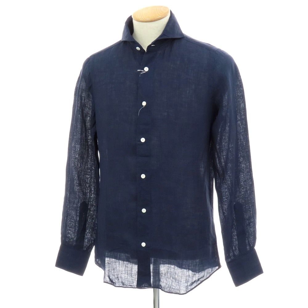【新品】フィナモレ Finamore SERGIO リネン カッタウェイ カジュアルシャツ ネイビー【サイズXS】【メンズ】