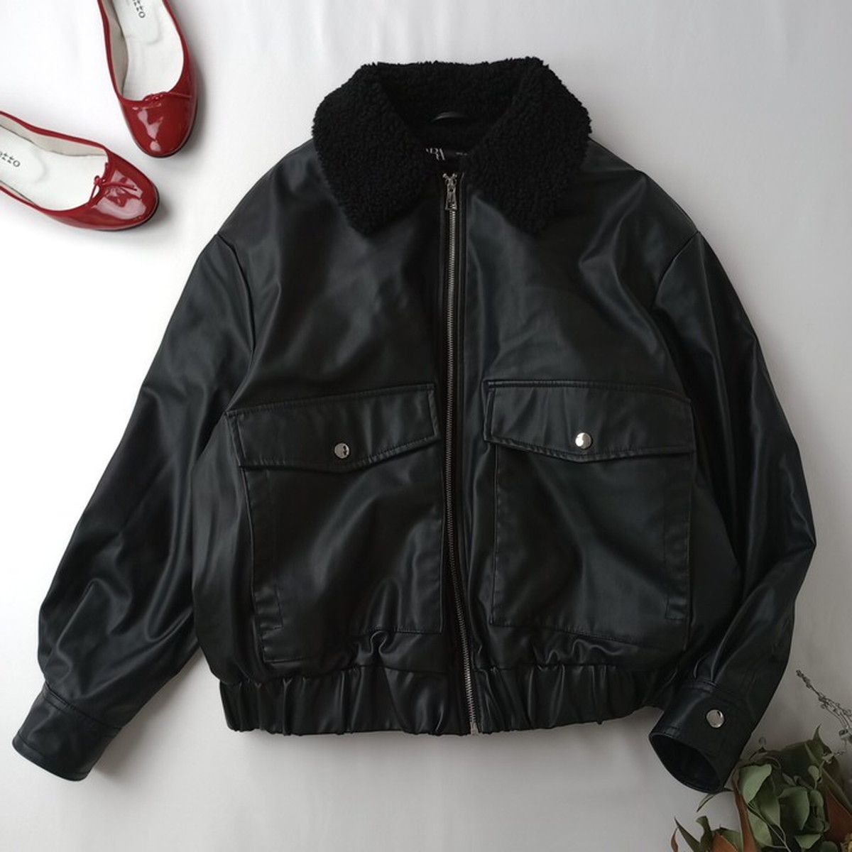 ZARA ザラ フェイクレザー ボア ジャケット ブラック 黒 アウター L