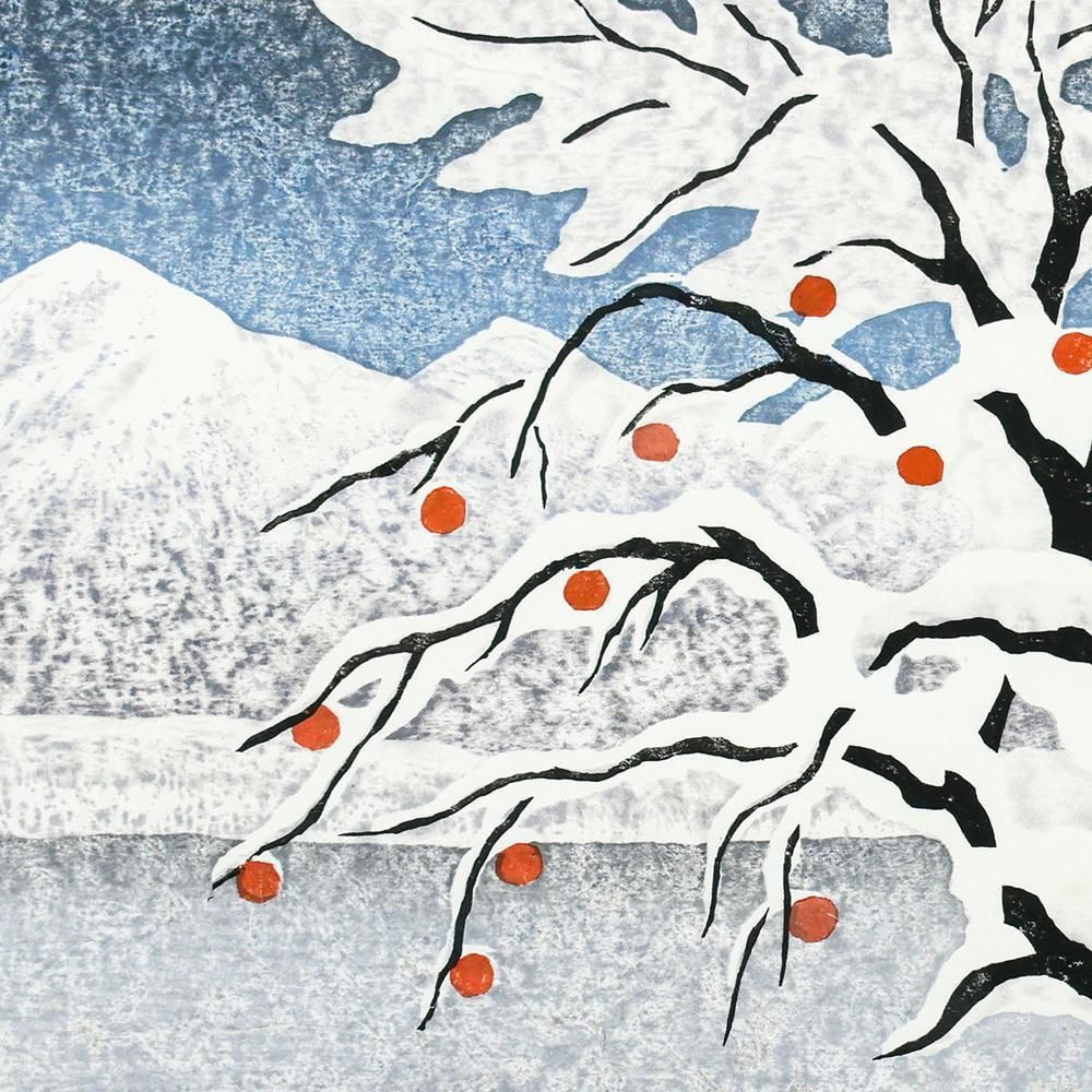 真作】【WISH】大津一幸「雪の湖畔(磐梯山)」木版画 8号大 2012年作