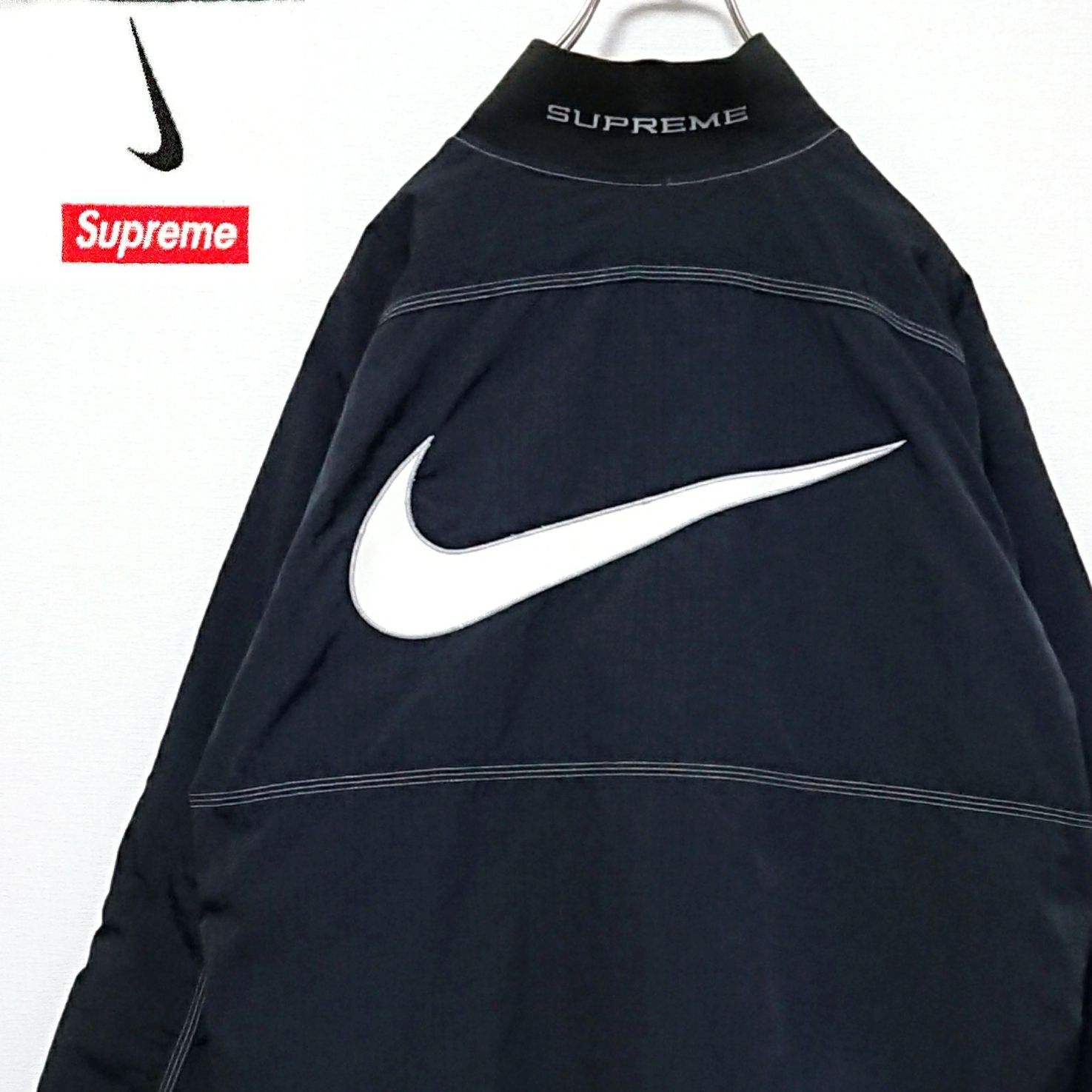 シュプリーム ナイキ スウッシュ刺繍ロゴ 中綿 ハーフジップ ナイロン
