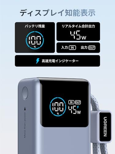  UGREEN 当社比 小型 10000 mAh PD 45 W 小型サイズ 軽量 大容量 高出力 充電ケーブル 一体型 持ち運びやすい 便利 リアルタイム表示 Xiaomi 55 W急速充電対応 iPhone 17 16 15 Air 85397 cff その他 キッチン 食器