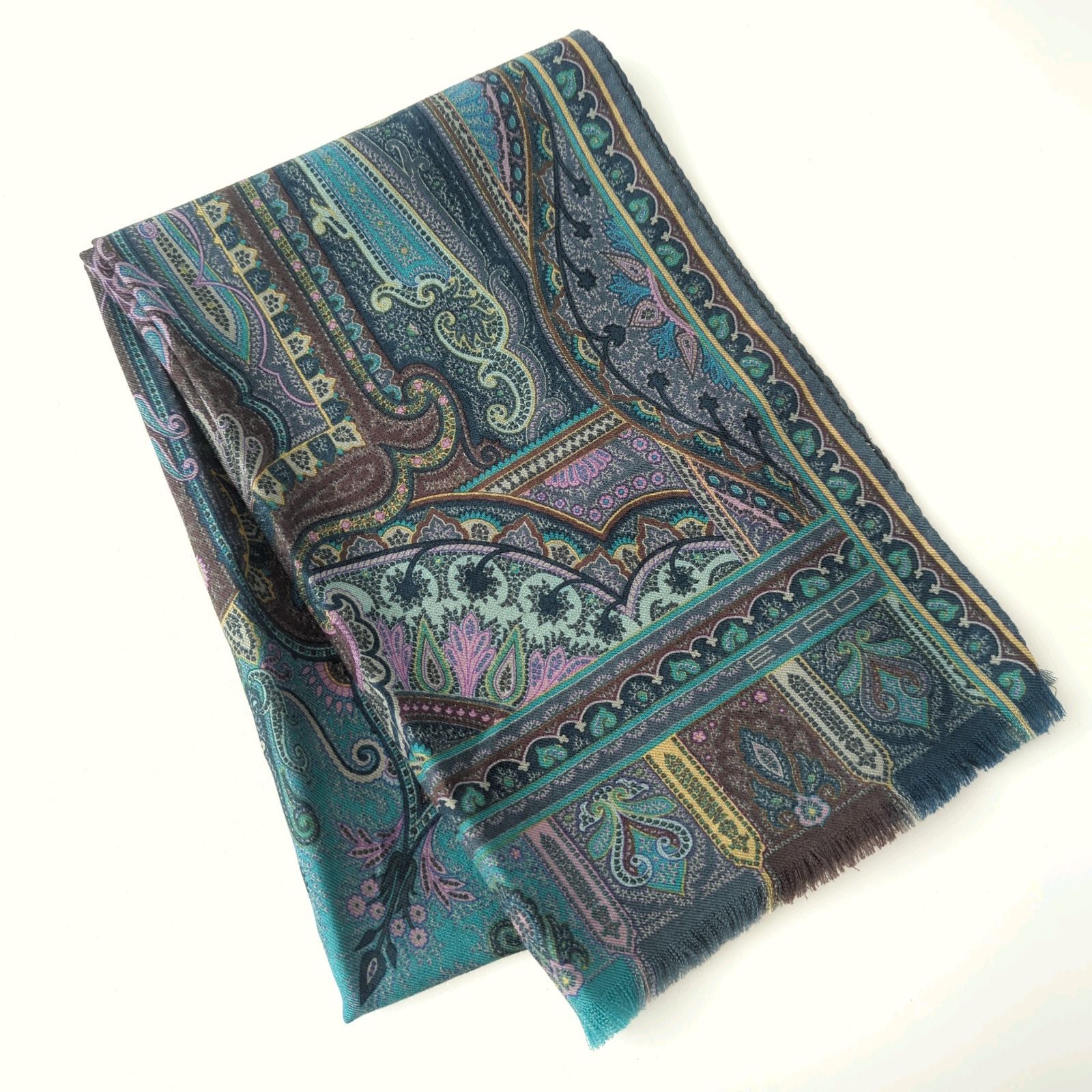 AA エトロ ETRO ストール スカーフ ペイズリー ブルー グリーン ウール