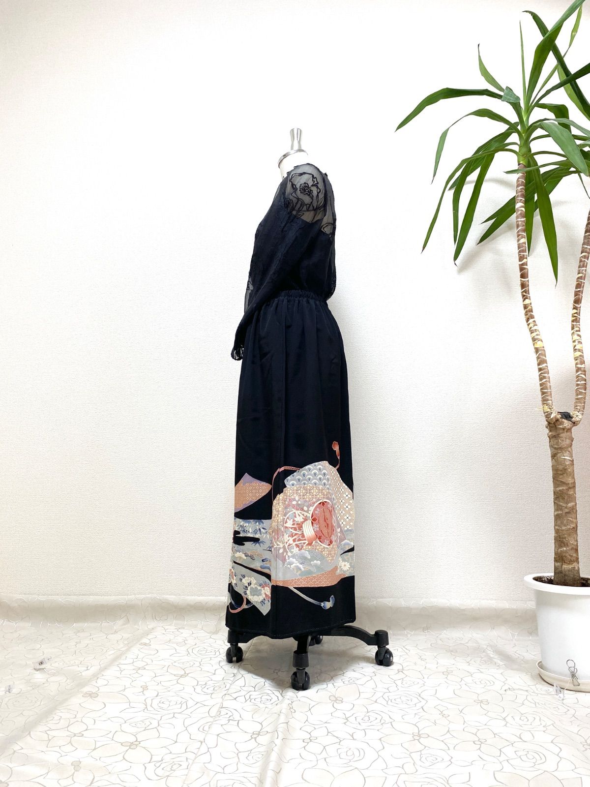 大人可愛いセレブ着物スカートフリーサイズ黒留袖着物リメイクウエスト