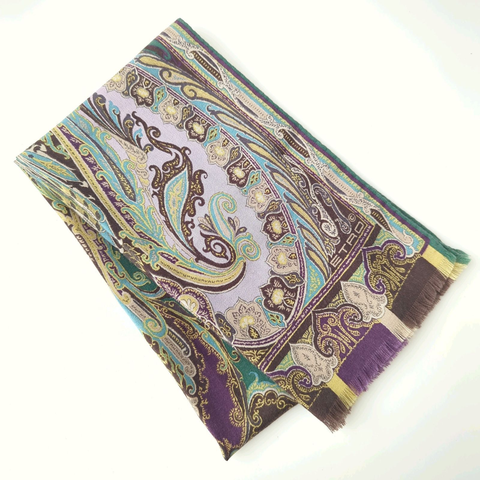 AC エトロ ETRO ストール スカーフ ペイズリー ウール シルク 緑 紫 美