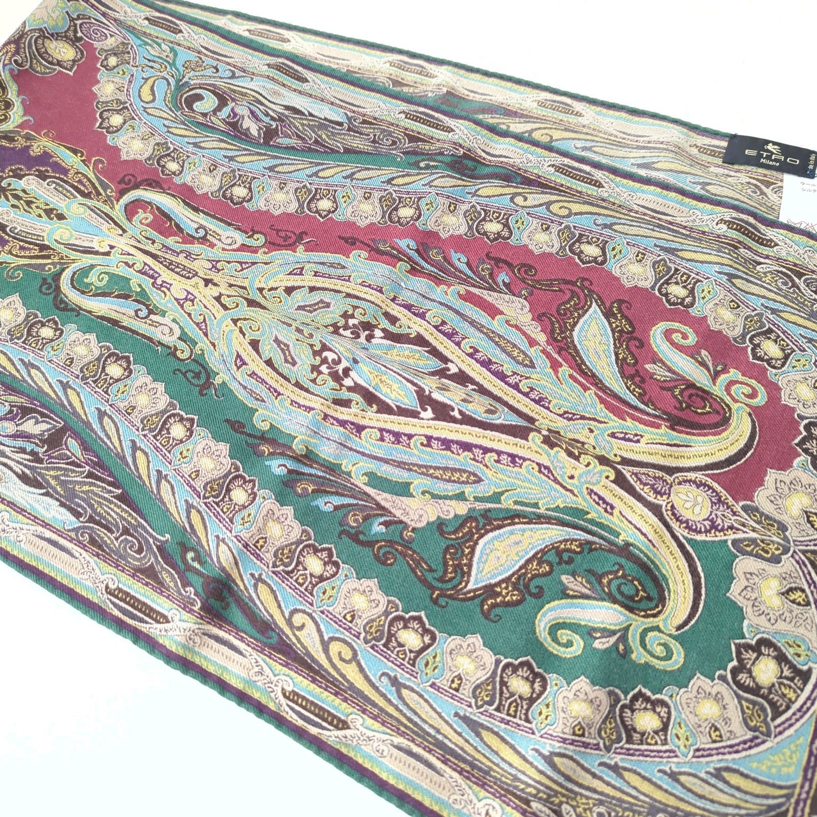 AC エトロ ETRO ストール スカーフ ペイズリー ウール シルク 緑 紫 美