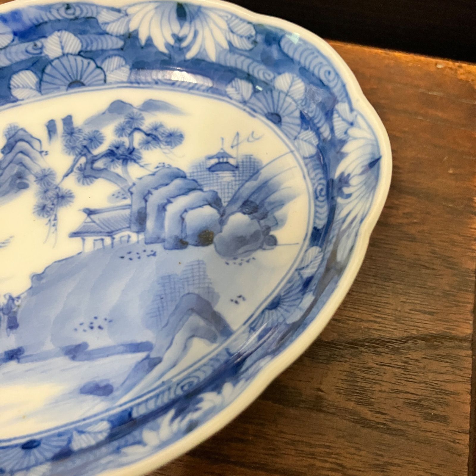 明治〜大正期 伊万里染付 山水人物文 楕円皿 5枚揃 変形皿 和食器