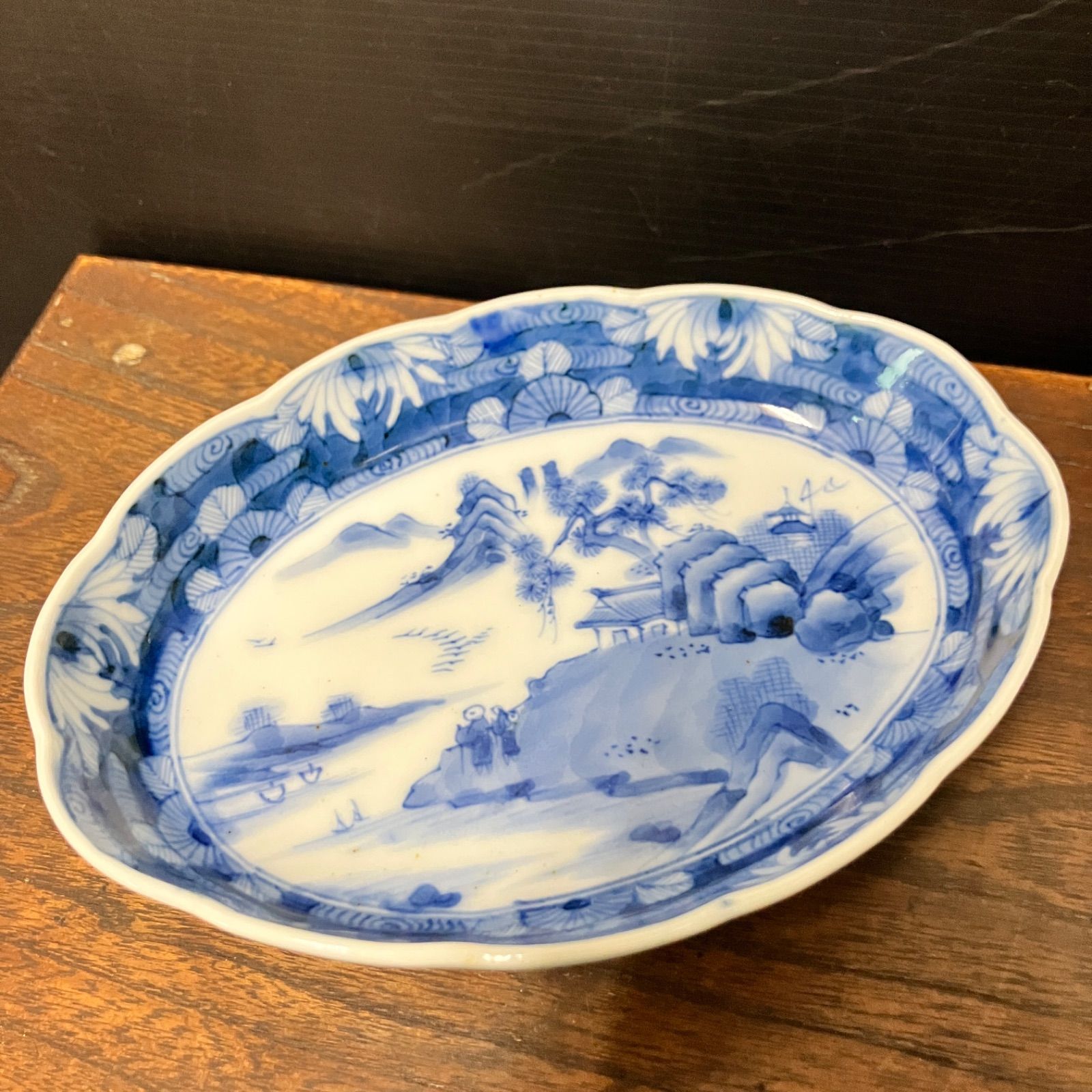 明治〜大正期 伊万里染付 山水人物文 楕円皿 5枚揃 変形皿 和食器