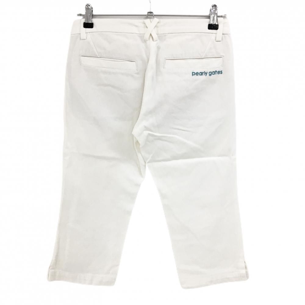 美品】パーリーゲイツ 七分丈パンツ 白×グリーンブルー系 ロゴ刺しゅう