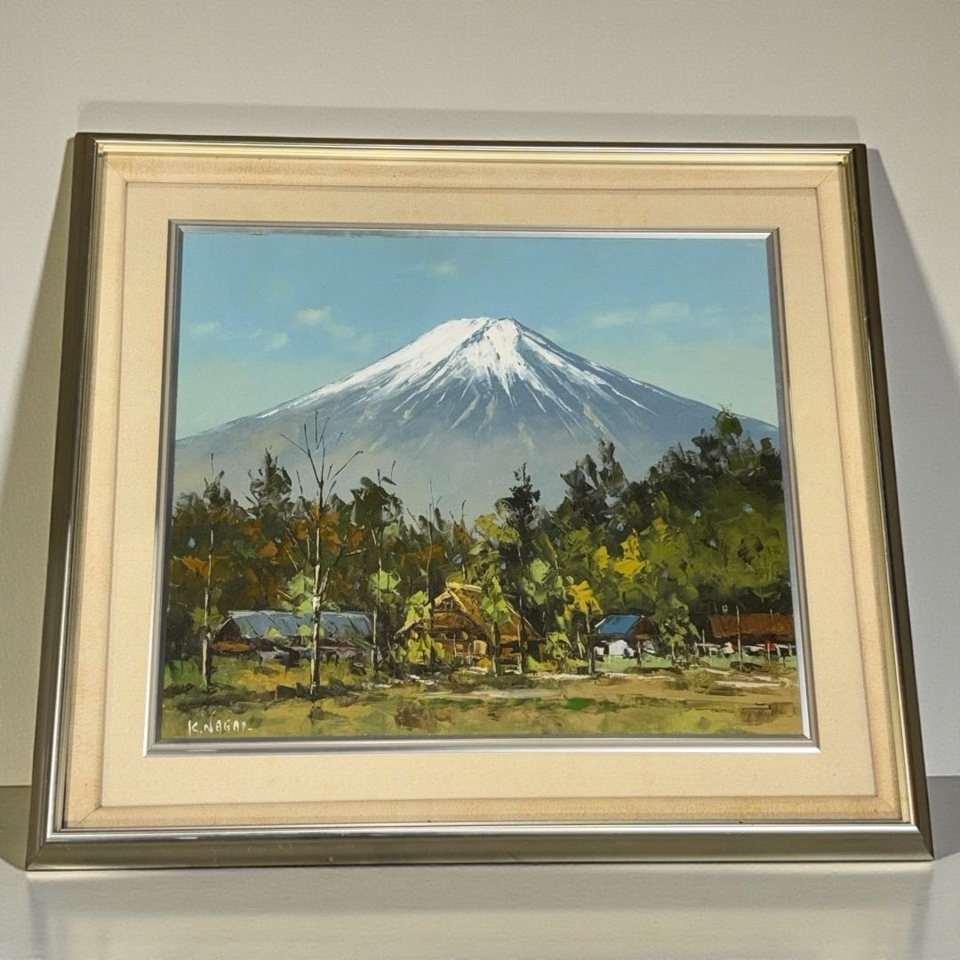 額装 K.NAGAI作『富士山麓』風景画 在銘 油絵 油彩画 絵画 壁掛 自然画