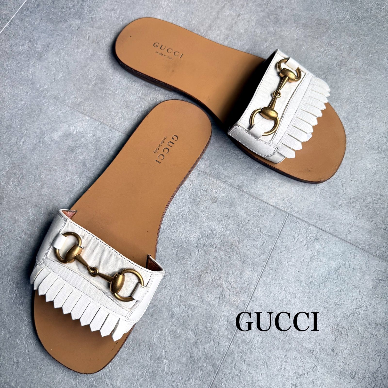 GUCCI グッチ ホースビット フリンジサンダル レザー 白 ゴールド金具
