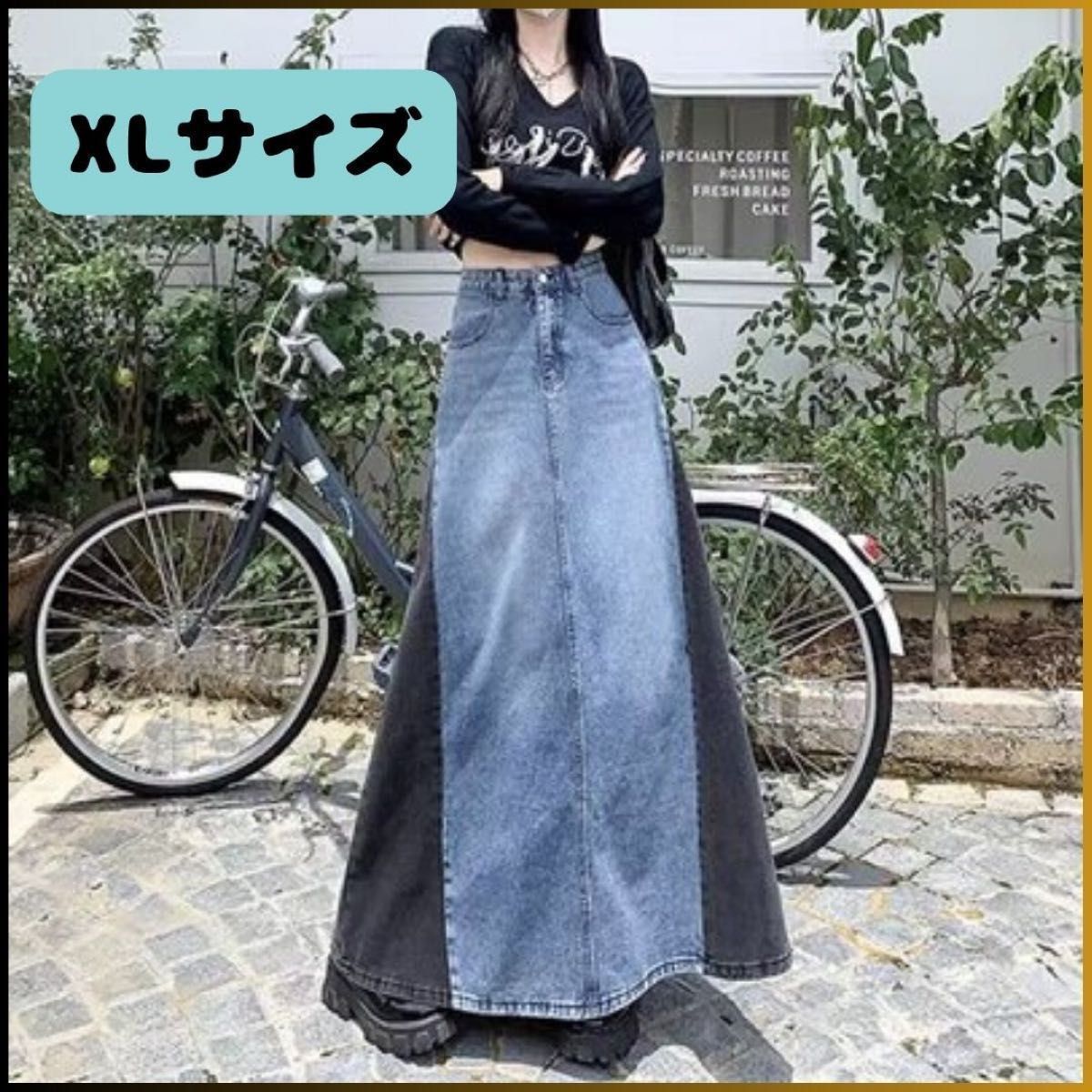 デニム ロングスカート XLサイズ 切り替え 変形 Aライン異素材 韓国
