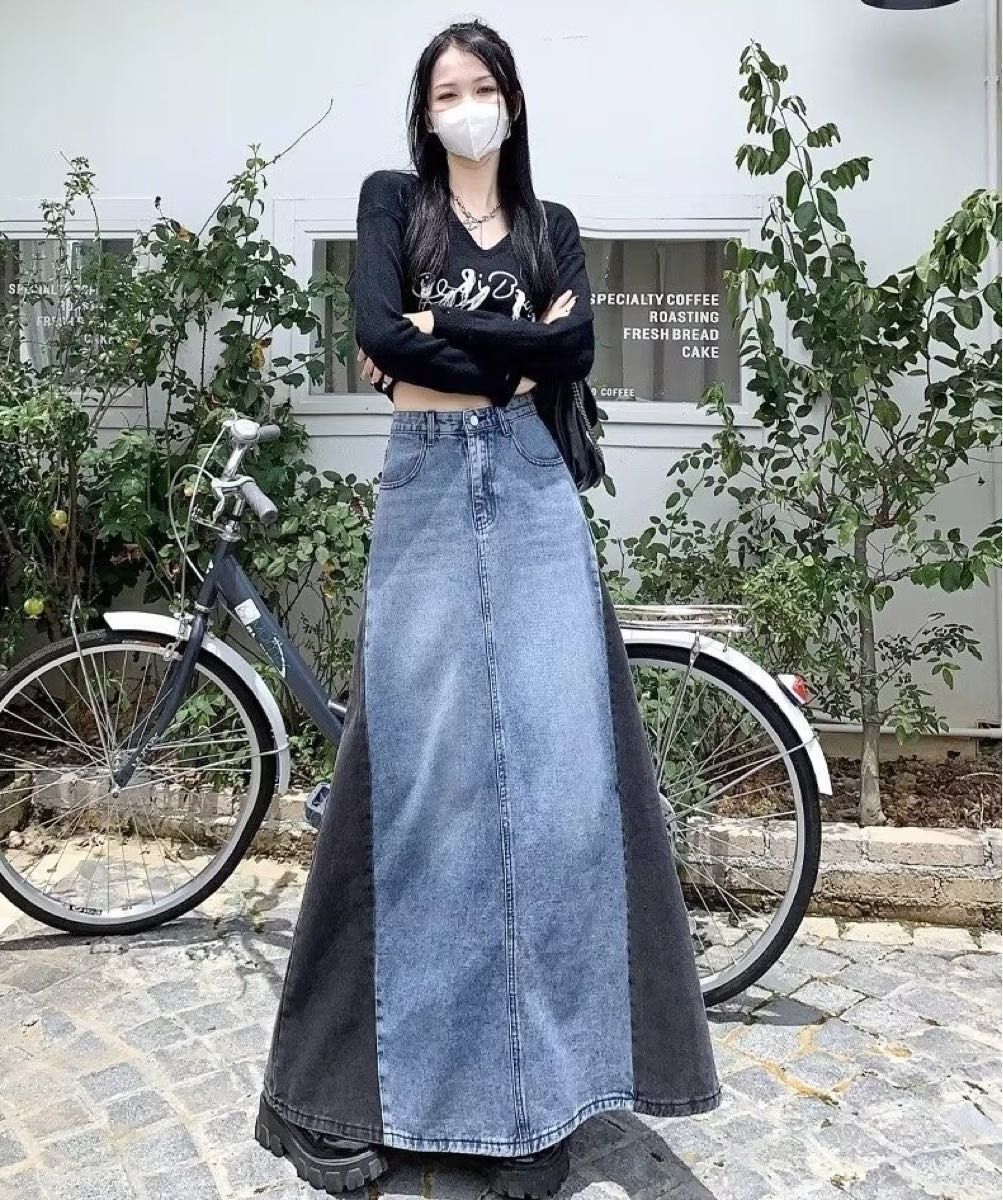 デニム ロングスカート XLサイズ 切り替え 変形 Aライン異素材 韓国