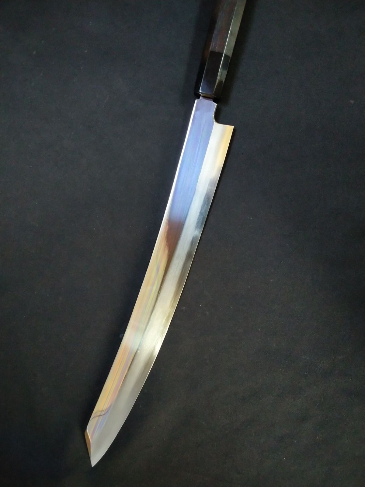 堺業務用刃物メーカー直売 尺一 切付け柳刃 左用 銀三鋼 平鏡面 黒檀八角水牛柄 口輪水牛白黒選択