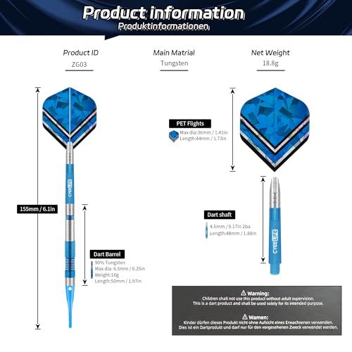 CyeeLifeプロフェッショナルタングステン合金ソフトチップダーツセット 18 g 統合飛行3つとシャフト30つの追加チップ9つの飛行3つのPCシャフト1つの電子ボードバッグ付き ギフトセット 青 彡 5 c 41 dadb