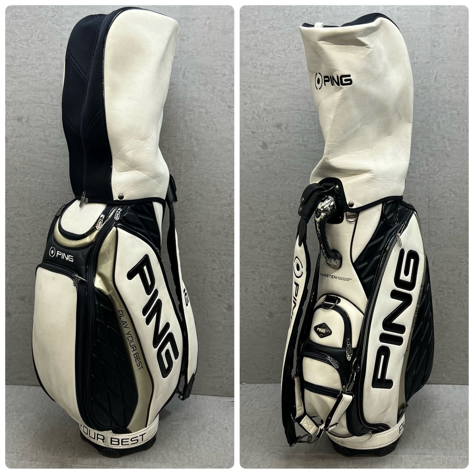 PING ゴルフ用 3点式キャディバッグ カート式 約9型 合成皮革 ホワイト